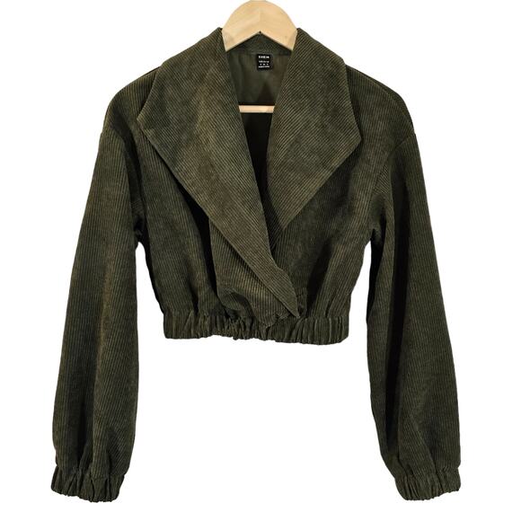 M Shein Dark Olive Green Statement Collar Corduroy Crop Top Size S Long Sleeve - Picture 1 of 9
